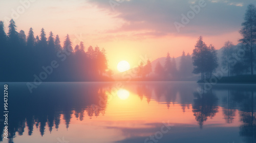 sunset over the river, sunrise over the lake, beauty of the sunset, with the surrounding landscape subtly lit by the soft, fading light