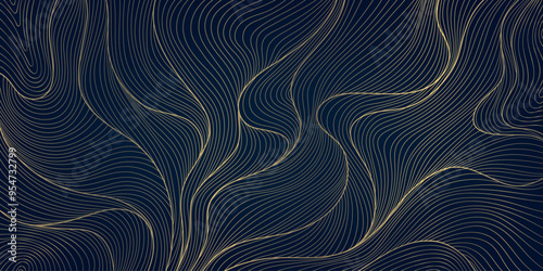Vector art deco line gold wave background, abstract water texture, Japanese geometric sea illustration. Curve asian banner 