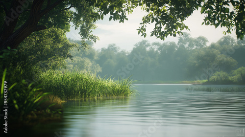 morning on the river, morning in the forest ,river include lush vegetation, trees, or grassy areas. There could be small boat