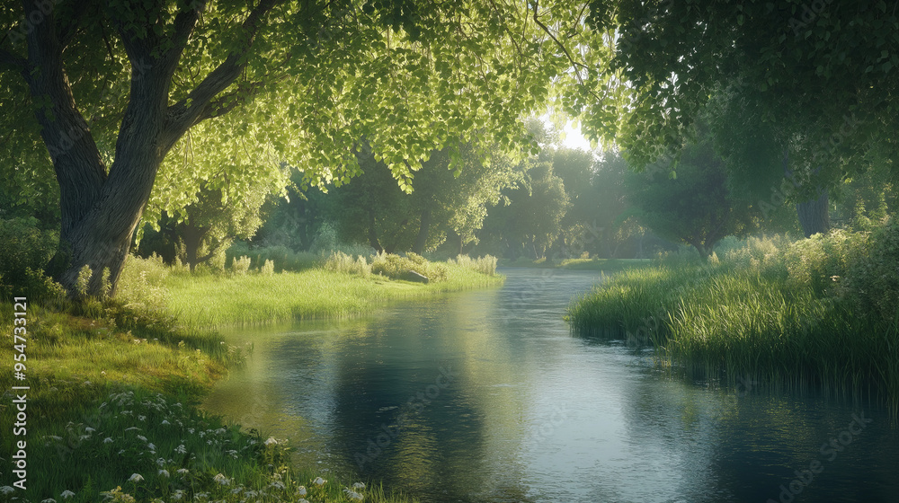 morning on the river, morning in the forest ,river include lush vegetation, trees, or grassy areas. There could be small boat morning on the river, morning in the forest ,river include lush vegetation, trees, or grassy areas. There could be small boat