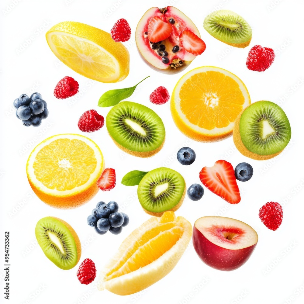 Flying different fresh fruits in air on white background. Falling fruits mix multifruit Flying different fresh fruits in air on white background. Falling fruits mix multifruit