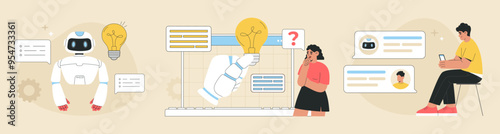 AI chat bot helps people to find solutions and answers concept, customers using virtual help assistant for business, human assistant generate ideas set. Flat vector illustration on isolated background