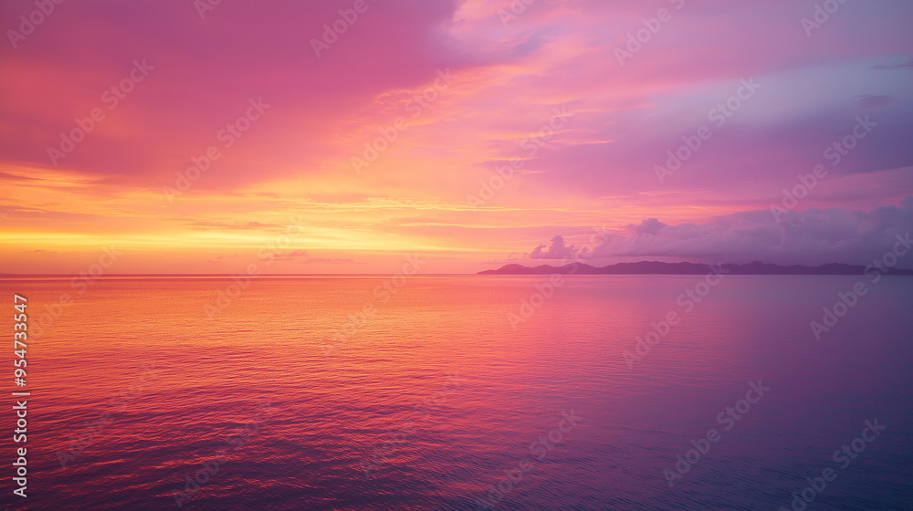 Fototapeta premium sunset over the sea, sky is vibrant with shades of orange, pink, and purple, blending seamlessly into the calm waters below