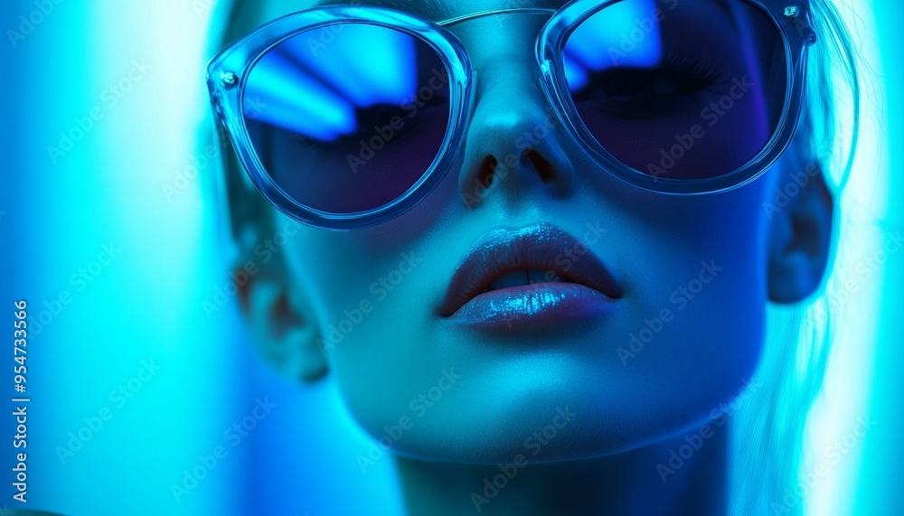 Stylish Woman in Blue Sunglasses with Cool Lighting Dark Background Stylish Woman in Blue Sunglasses with Cool Lighting Dark Background