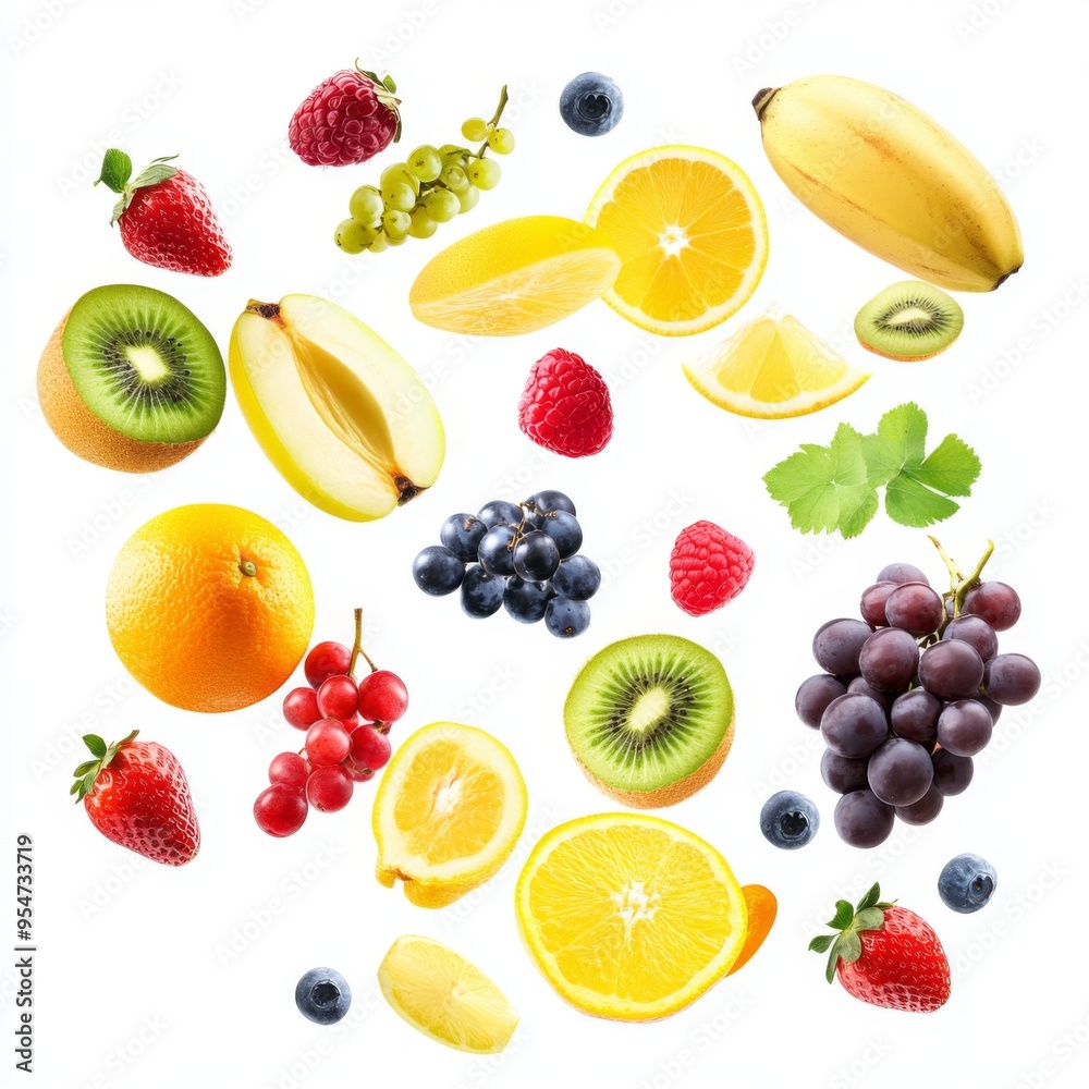 Flying different fresh fruits in air on white background. Falling fruits mix multifruit Flying different fresh fruits in air on white background. Falling fruits mix multifruit