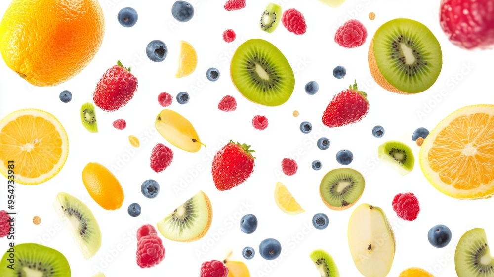 Flying different fresh fruits in air on white background. Falling fruits mix multifruit Flying different fresh fruits in air on white background. Falling fruits mix multifruit