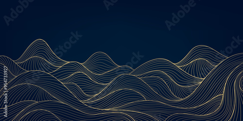 Vector art deco line gold wave background, abstract water texture, Japanese geometric sea illustration. Curve asian banner 