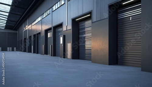 3D Rendering of a Warehouse with Open Shutter Doors Industrial Lighting