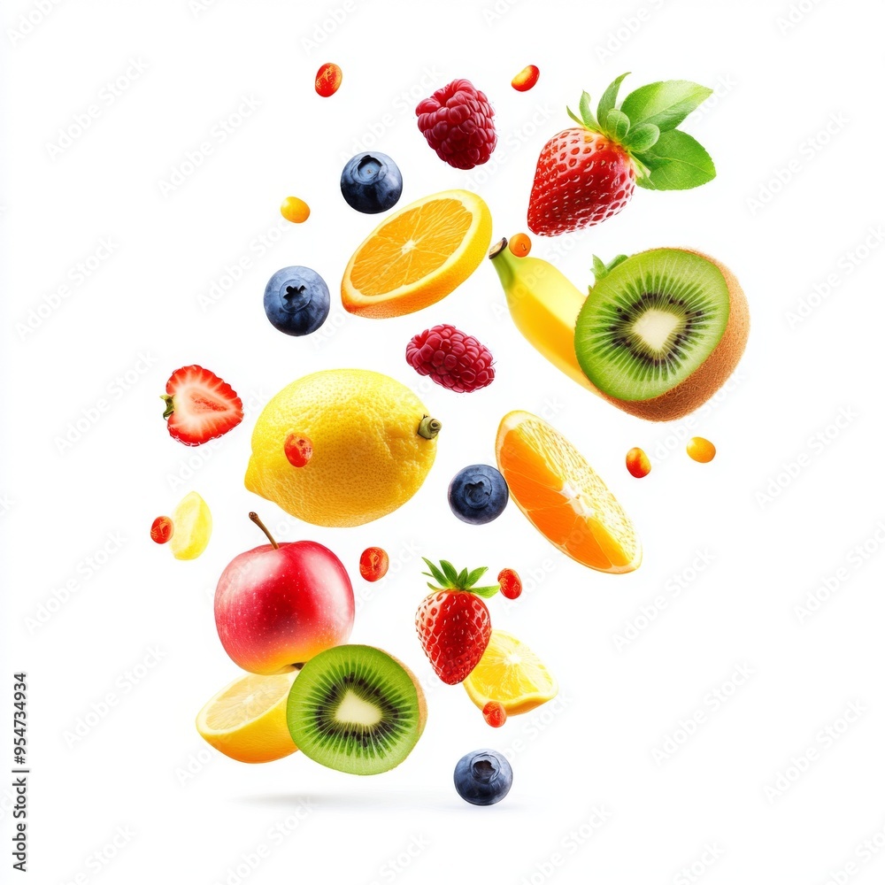 Flying different fresh fruits in air on white background. Falling fruits mix multifruit Flying different fresh fruits in air on white background. Falling fruits mix multifruit