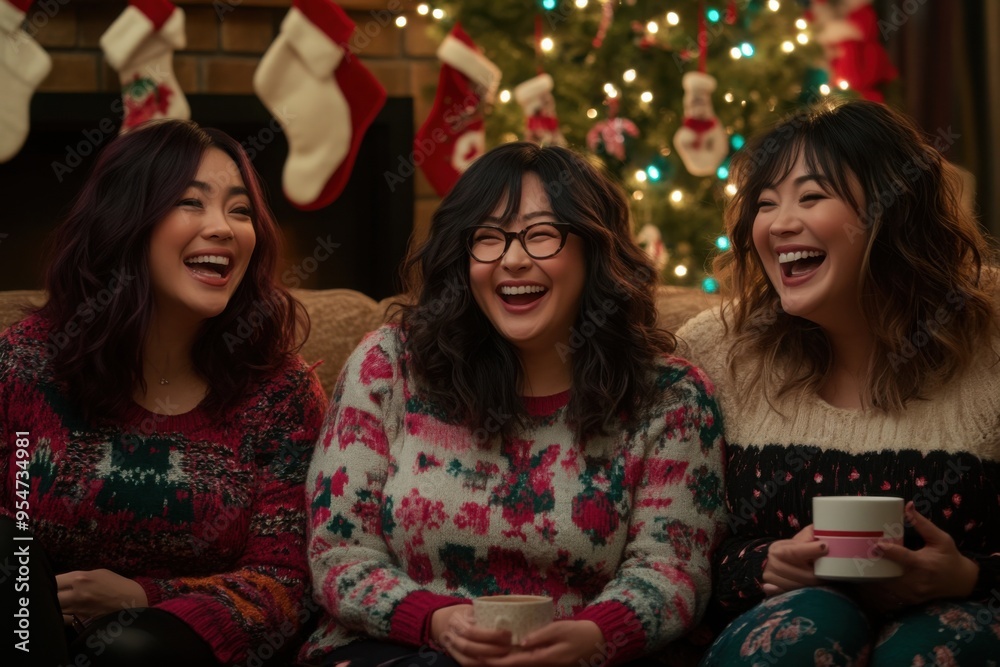 Three Chinese sisters celebrate Christmas by having fun while drinking hot chocolate at home. Xmas concept Three Chinese sisters celebrate Christmas by having fun while drinking hot chocolate at home. Xmas concept
