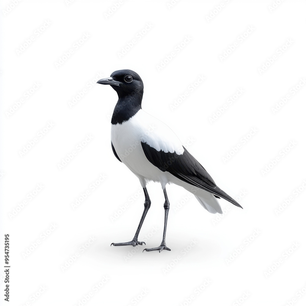 A small black and white bird posed against a white background, emphasizing its sleek and distinct features. A small black and white bird posed against a white background, emphasizing its sleek and distinct features.