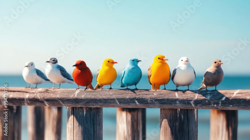 A row of colorful birds sitting on a wooden fence, set against a soft focus ocean background on a sunny day. photo