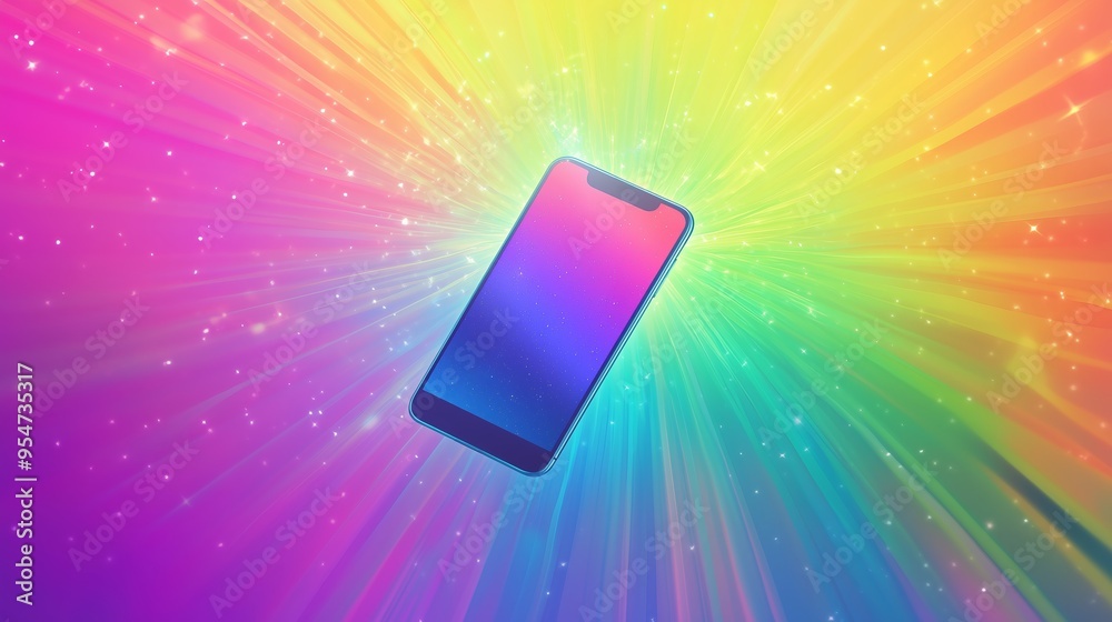 A colorful smartphone floats in a vibrant, abstract background of swirling rainbow hues and sparkling stars in a digital space