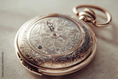 a close-up shot of a vintage pocket watch on a light beige background, the intricate engravings on the watch's face gleaming in the soft light