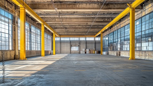 Spacious industrial warehouse with yellow beams and large windows, showcasing an empty interior with natural light.