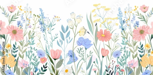 A vibrant array of hand drawn wildflowers in pastel colors, creating a lively and cheerful floral border on a white background photo