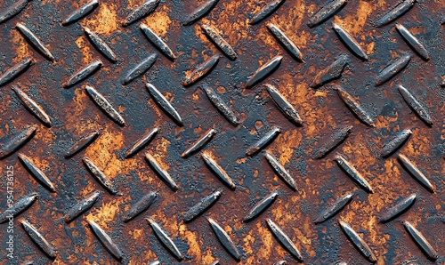 Old seamless rusty diamond plate with heavy corrosion showing detailed grunge texture and weathered metal. Ideal for industrial backgrounds, construction themes or industrial design. photo