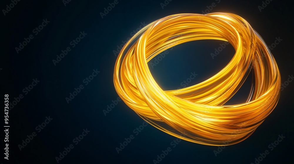 Golden abstract swirl design with luminous strands on a dark background.