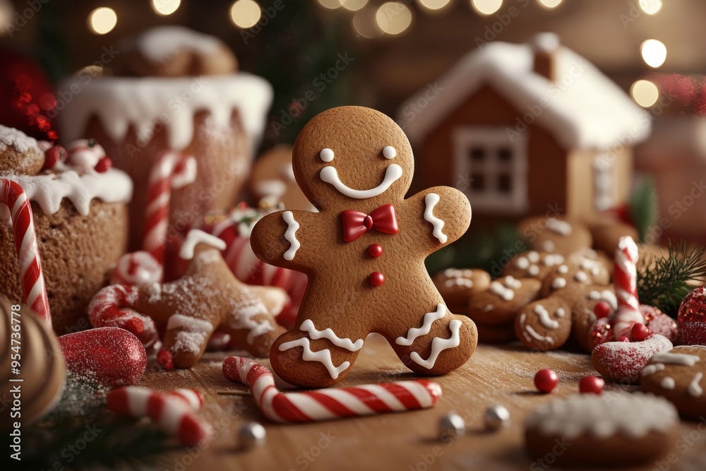 a d vector gingerbread man surrounded by festive holiday treats, including candy canes, cookies, and gingerbread houses, with a warm and cozy background a d vector gingerbread man surrounded by festive holiday treats, including candy canes, cookies, and gingerbread houses, with a warm and cozy background
