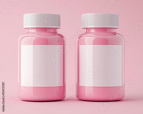 Two pink bottles with white labels, perfect for showcasing health products or vitamins, set against a pink background.