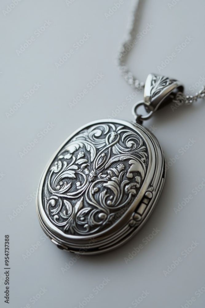 a detailed image of a polished silver locket on a pale gray background, the locket's ornate patterns and hinges reflecting the light a detailed image of a polished silver locket on a pale gray background, the locket's ornate patterns and hinges reflecting the light