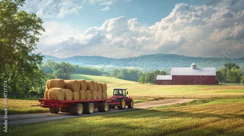 Tractor hauling hay bales on a rural farm with scenic mountain backdrop. Ideal for agriculture and countryside themes. photo