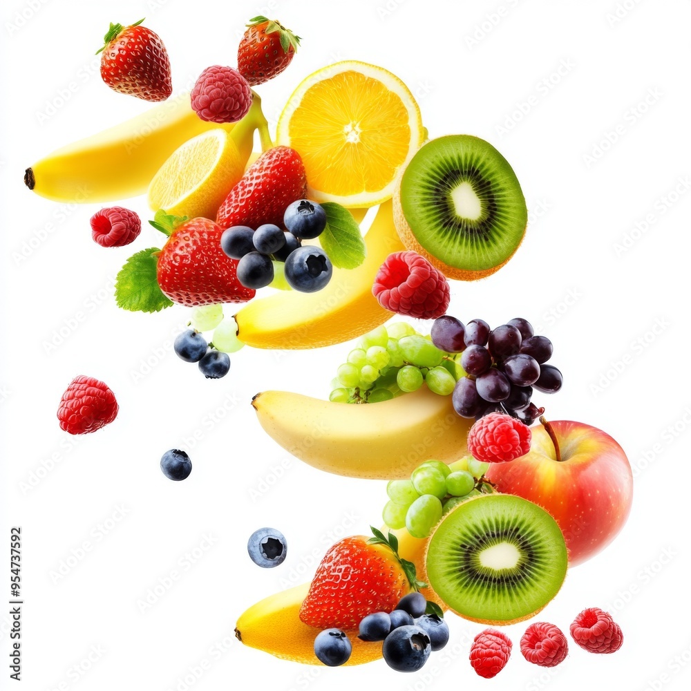 Flying different fresh fruits in air on white background. Falling fruits mix multifruit Flying different fresh fruits in air on white background. Falling fruits mix multifruit