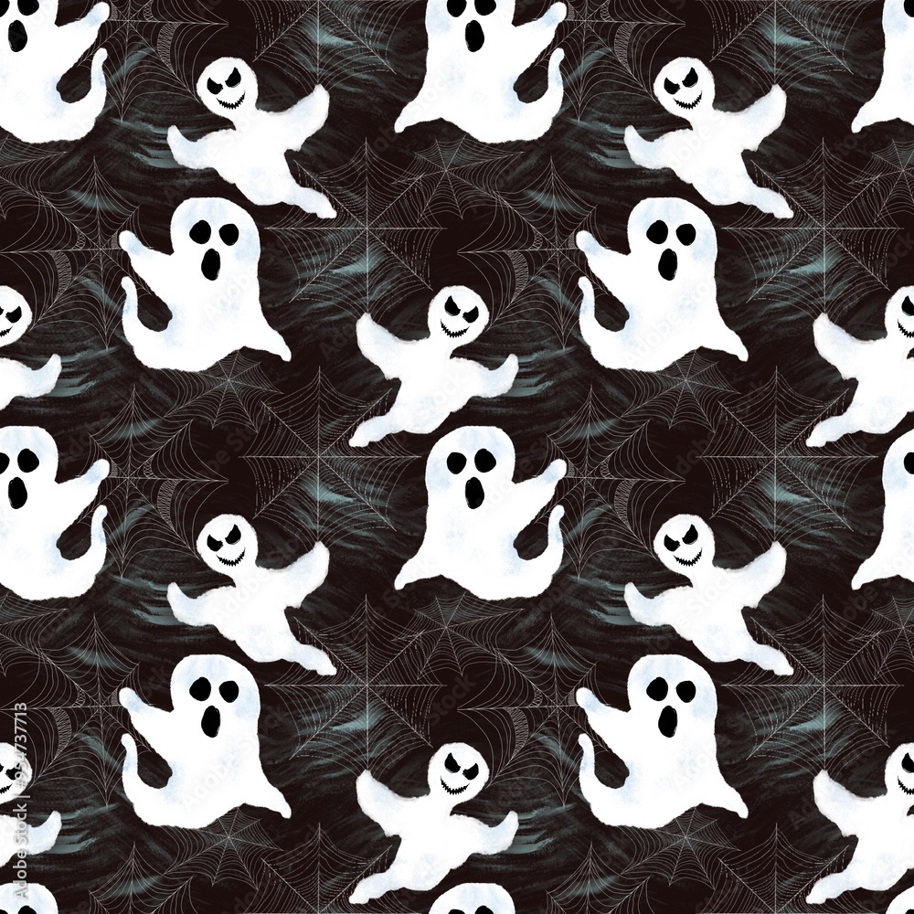 Seamless pattern. Festive Halloween print with ghosts and cobwebs. Seamless pattern. Festive Halloween print with ghosts and cobwebs.