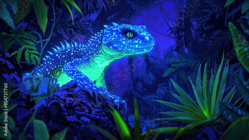 Bioluminescent giant reptile glowing in the dark of a dense, prehistoric forest, fantasy, digital painting, deep blues and greens, mystical photo