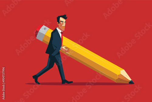 Confident Businessman Carrying Big Pencil, Thinking to Write Lengthy To-Do List on Long Paper, Representing Productivity and Task Management