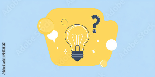 Ilustración vectorial bombilla representa la mejor idea. Signos de pregunta alrededor. Burbujas y símbolos. discusión