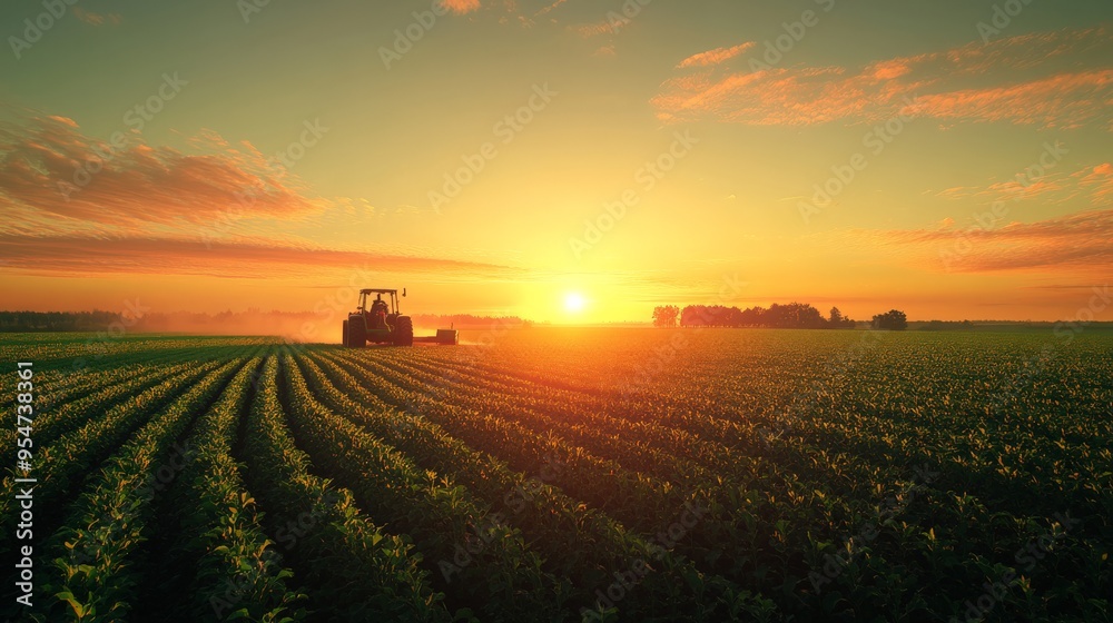 Fototapeta premium Tranquil farmland landscape at sunrise with tractor working in the distance, representing agricultural prosperity and rural tranquility.