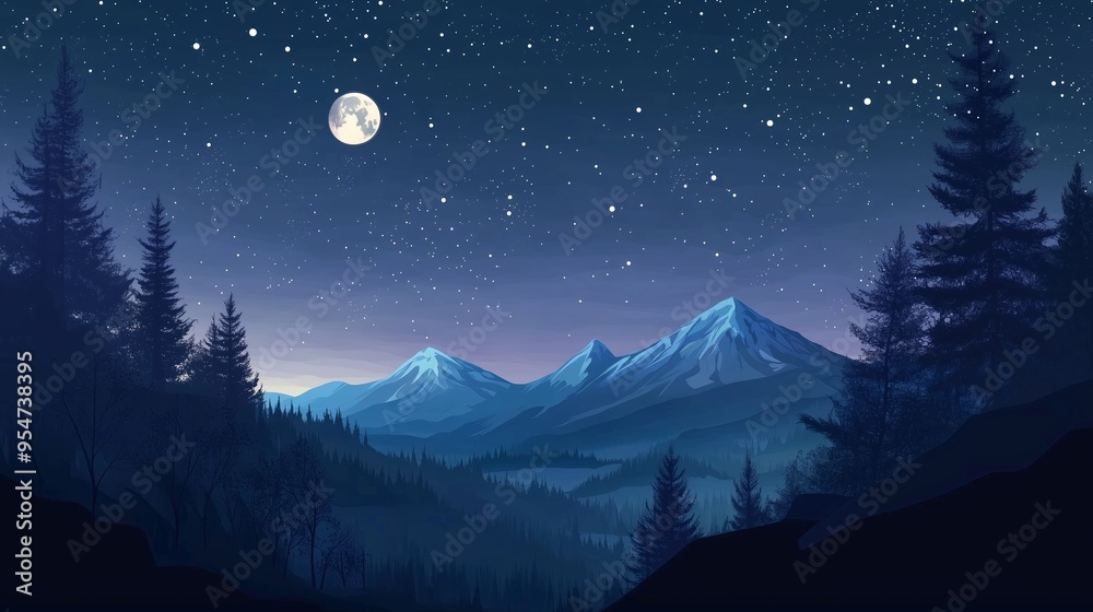 Nighttime mountain landscape under a full moon with stars shining brightly over distant peaks and forest silhouettes Nighttime mountain landscape under a full moon with stars shining brightly over distant peaks and forest silhouettes