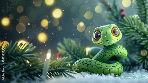 Green little snake is sitting by the Christmas tree, in the style of iconic pop culture caricatures, cute and dreamy