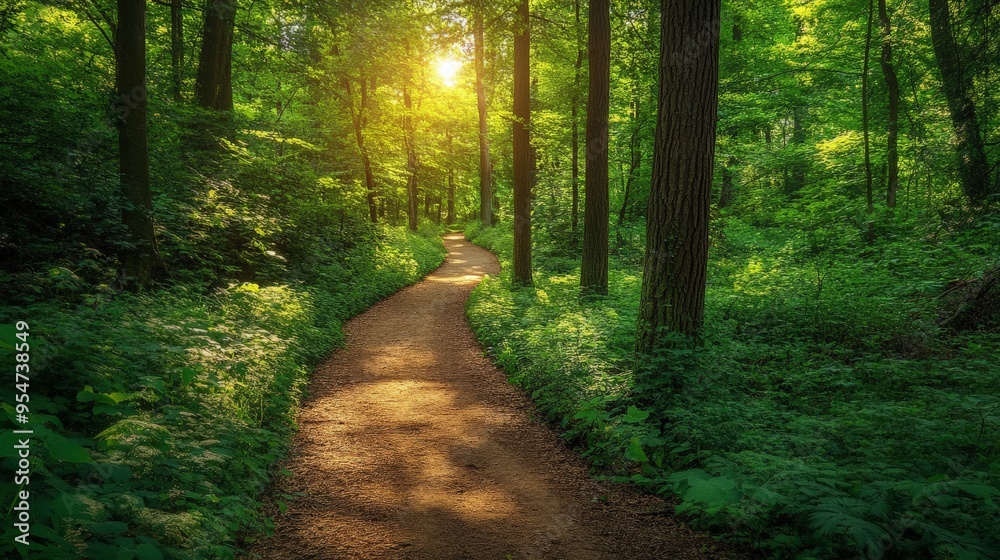 Obraz premium Tranquil forest path with lush green trees and sunlight filtering through the canopy, offering a serene nature escape.