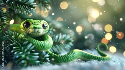 Green little snake is sitting by the Christmas tree, in the style of iconic pop culture caricatures, cute and dreamy