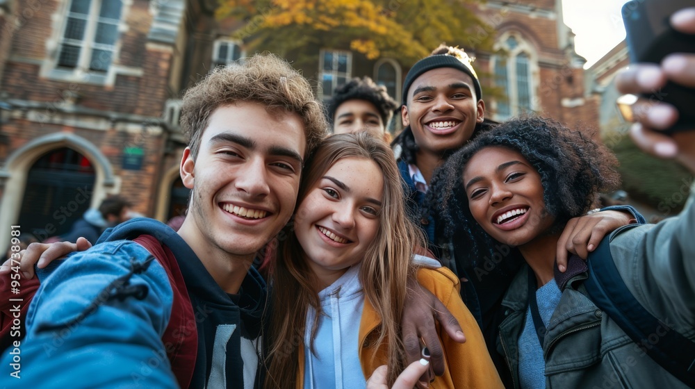 A diverse group of student friends takes a selfie together. In the afternoon, diverse ethnic young people enjoy themselves at college or university.
