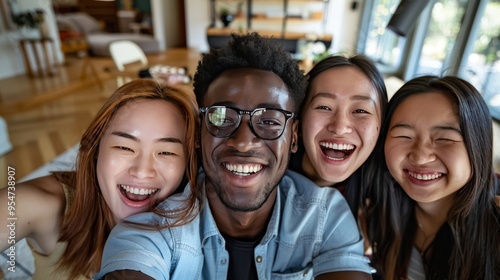 A multiethnic group of friends took a selfie together, all smiling.