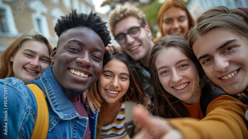 A group of multiethnic friends taking a selfie together.