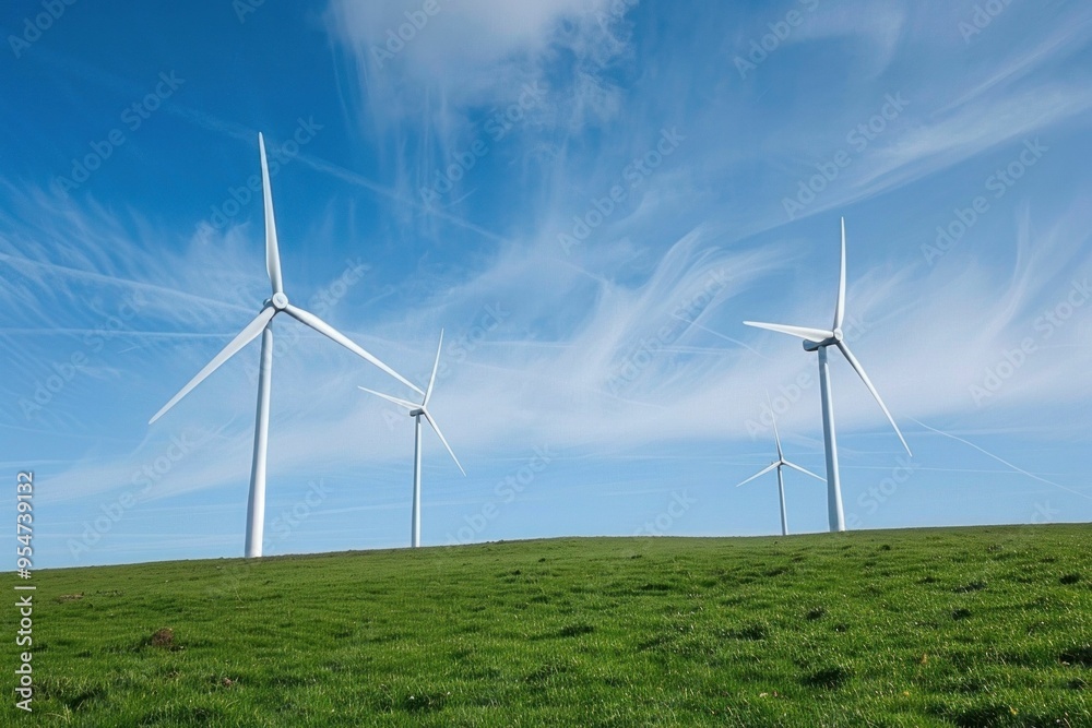 Wind turbines on a green hillside under a clear blue sky with wispy clouds Sustainable energy concept Wind turbines on a green hillside under a clear blue sky with wispy clouds Sustainable energy concept