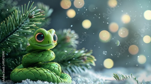 Green little snake is sitting by the Christmas tree, in the style of iconic pop culture caricatures, cute and dreamy