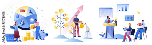 Financial literacy or personal finance education concept. People invest money, increase income and plan family budget. Business investment seminar or personal finance management. Characters save coins