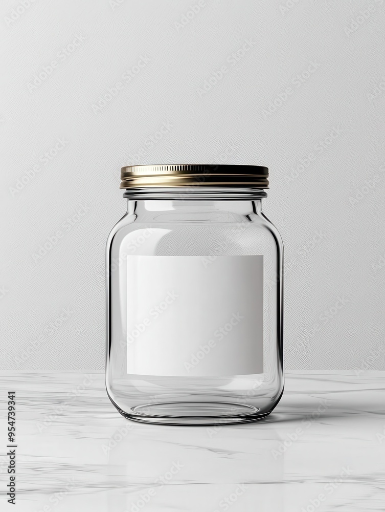 A clear glass jar with a gold lid, perfect for storage or decoration. Ideal for showcasing labels or contents. A clear glass jar with a gold lid, perfect for storage or decoration. Ideal for showcasing labels or contents.