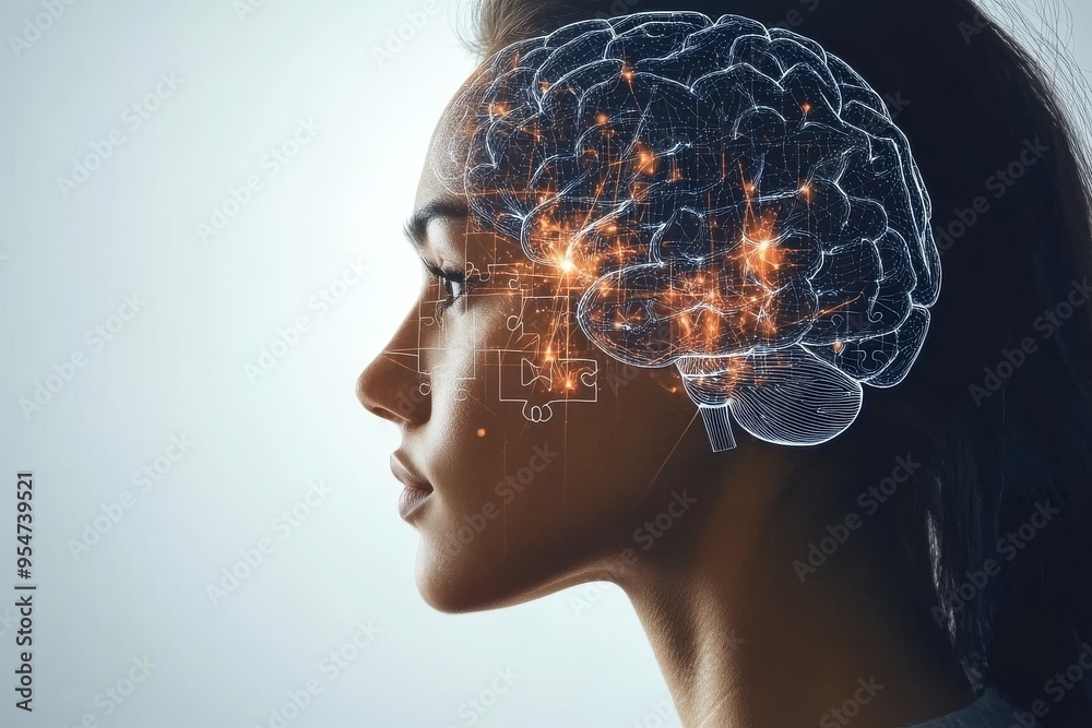 Memory consolidation Memory Side profile of a woman with a digital brain overlay symbolizing the synthesis of human thought and artificial intelligence in modern society Memory consolidation Memory Side profile of a woman with a digital brain overlay symbolizing the synthesis of human thought and artificial intelligence in modern society