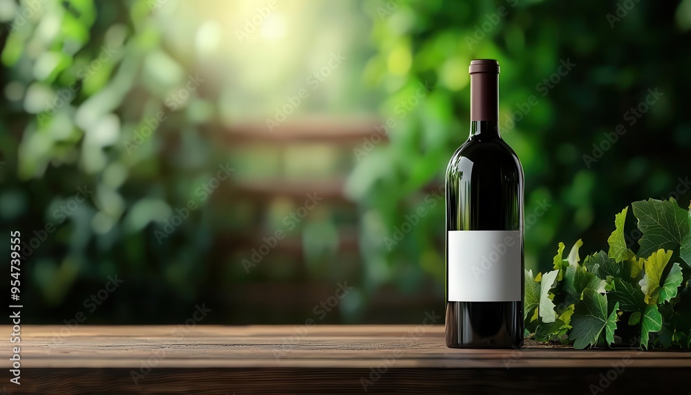 Fototapeta premium A bottle of wine sits elegantly on a wooden table surrounded by lush greenery, perfect for vineyard or hospitality themes.