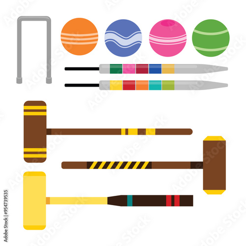 Set of croquet tool equipment collection, labeled croquet ball, mallet stick, hoop, and peg. Summer sport, Croquet sport championship and sport club, tournament and league championship game.