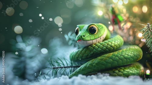 Green little snake is sitting by the Christmas tree, in the style of iconic pop culture caricatures, cute and dreamy