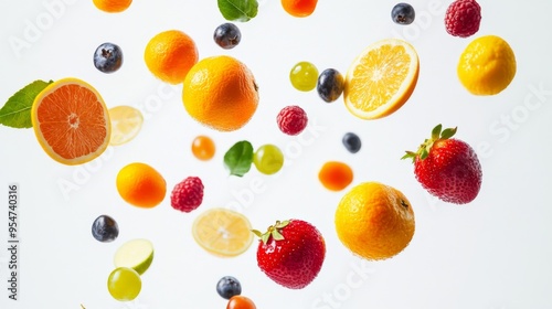 Flying different fresh fruits in air on white background. Falling fruits mix multifruit