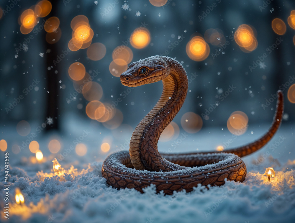 Elegant and charming snake symbol of the year on decorative Christmas background . Generative AI Elegant and charming snake symbol of the year on decorative Christmas background . Generative AI