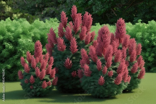 Vibrant 3D Portrayal of Rhapis Excelsa Shrubs Surrounded by Lush Greenery photo